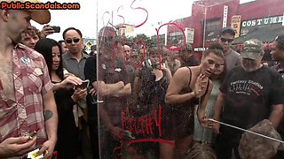 Public BDSM sub 3way used in toilet n exposed naked outdoor