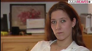 Sexy German redhead Jean Pallett fucks her pussy with a huge dildo and sucks a big cock