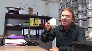 Cute coffee girl sucks and fucks German boss in office