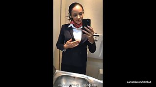 Latina flight attendant joins the mile high masturbation club in the restroom