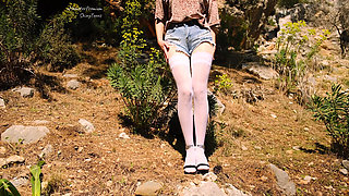 Shiny tan pantyhose, white stockings and sexy jeans shorts