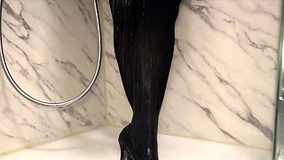 my private secretary taking a shower in office suit leather