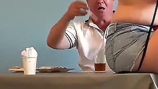 Naked Waitress. Restaurant Guest Eats From the Waitress's Navel. C3