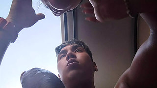 teasing my cuckold hubby while sucking his best friend's big cock and and worships me before standing fucking me