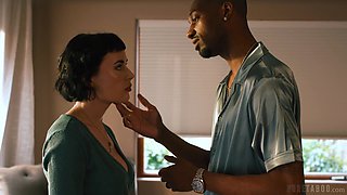 Dashing brunette spit-roasted by a pair of oversized black shafts