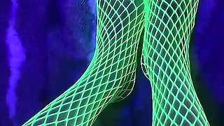 Tiny Asian Feet with long toes in green neon fishnet