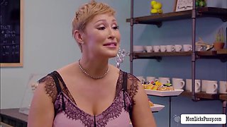 Busty stepmother licks stepdaughter in shop