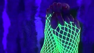 Tiny Asian Feet with Long Toes in Green Neon Fishnet