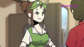 Chubby barista MILF with giant lactating boobs in a cartoon parody