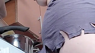 Sexy Naked Wife Preparing Food in the Kitchen. Hairy Brunette, Big Ass, Big Tits.