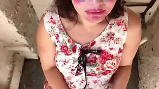 Chubby Sub Gagged and Face Fucked in Toilet, Swallows Cum and Piss
