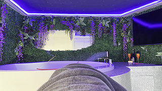 Super Hot Latina Brunette with Big Tits in the Bathroom in a miniskirt no panties organizes the jacuzzi