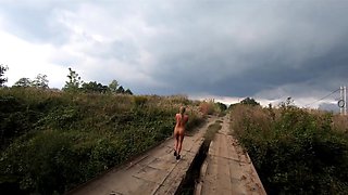 Risky Public Walk - Naked on a Broken Bridge
