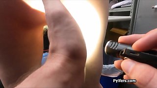 Dress stealing blond hair lady in glasses gags on officers penis