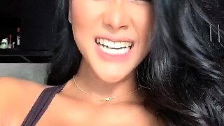 Busty curly brunette with big boobs fucks on couch