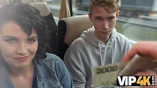 VIP4K. Pretty big titted lady is fucking in the bus