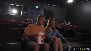 Horny beauty fucks her date in the movie theater till facial