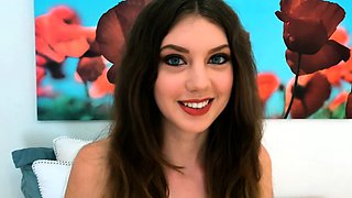 Small titted brunette Sharron with glasses masturbates