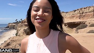 Dude fucks a cute chick with small tits in the canyon and continues at home