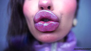 Glamour Girl Kiss with Big Shiny Juicy Lips + Spit Fetish