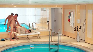 Skinny teen Sunny Honey rides big cock by the pool