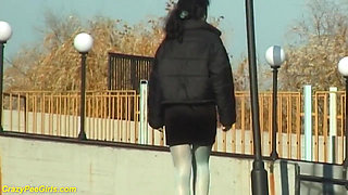 Pantyhose girl pees on the staircase