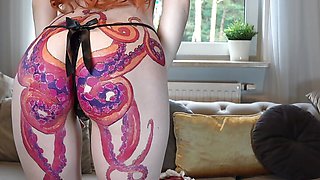 Sexy panties try on haul by topless redhead teen girl with kraken tattoo on big butt