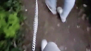 Public Humiliating Chastity Walk on a Leash Attached to His Locked Cock