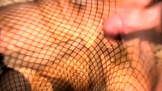 Slut in fishnet outfit does private FMM threesome