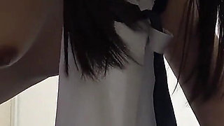 Girls Only Apartment in Japan Cute and Slender Girl Cleaning Room in Apron-style Miniskirt Uniform and Wedgie Thong Panties