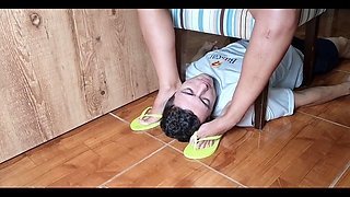 Mistress Kiffa - Face Footstool Slave Cleans Dirty Flip Flops and Cums on Flip Flops and Has to Lick It