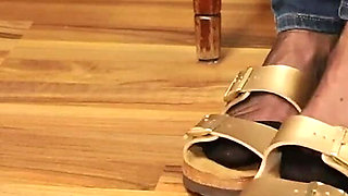 Golden Mules & Black Nylons - Sensual Shoe Removal