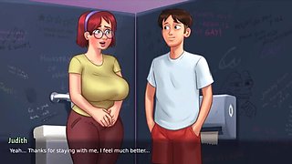 College Cutie Judith: Busty Redhead Exposes Her Jugs in Bathroom.summertime-saga