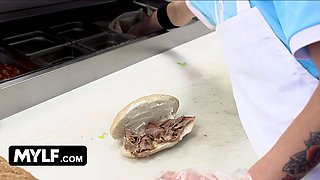 Mylf - big boobed blondie milf Nina Elle whips her massive melons out and makes teenager stud cover them in jizz