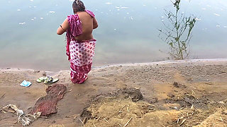 Indian Village Wife Bathing in the River in Outdoor Area