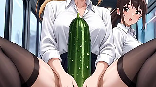 New 2026 hentai, subway girl uses a cucumber.
