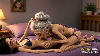 Extremely Skinny Old Woman Licks a Skinny Young Woman's Pussy