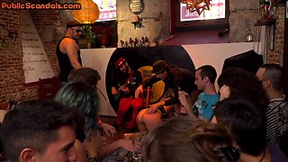 Public babe humiliated in deepthroating voyeuristic 3some