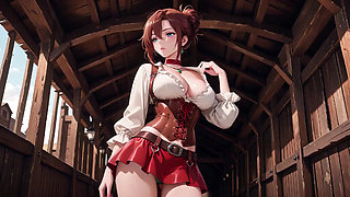 Lazy Tease on the Sun-drenched Porch, Corset Cinching Her Curves, Fingertips Grazing Chest, That Taboo Gaze in the Sunlight