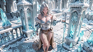 Silver-Haired Ice Queen! Kneeling in the Frozen Castle, her cold armor hides so many secrets. Hand on chest, biting lips...