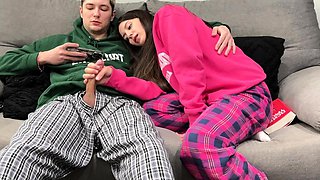 Step Brother Watch Porn and Jerk Off Next To Step Sister!