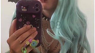 Petite French Alt Goth Cosplay Hentai Cat Ear Egirl Fingering In Front Of Mirror