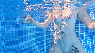 Nude Pool Tease and Masturbation While He Watches