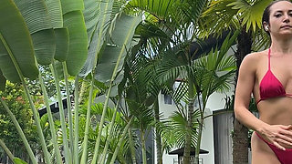 Morning Fitness in Hot Bikini, Sweating, Swimming