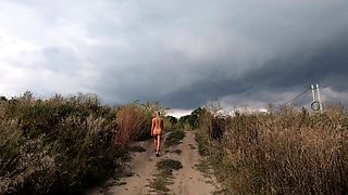 Risky Public Walk - Naked on a Broken Bridge