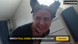 Sexy Kitty Eats From a Bowl and Licks Her Master's Feet - Lovessie