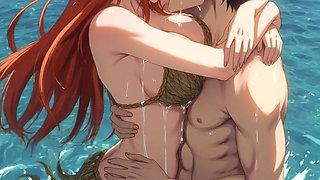 Redhead anime hentai girl fucks in the water