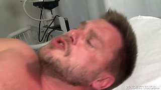 Tattooed doctor with a big cock is banging a short lad