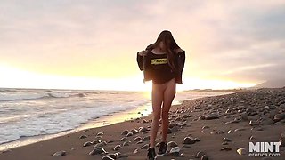Public beach undress and ass-plug tease