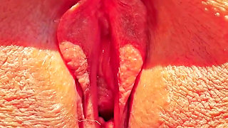 Horny mature shows super close up wide open cunt spread.